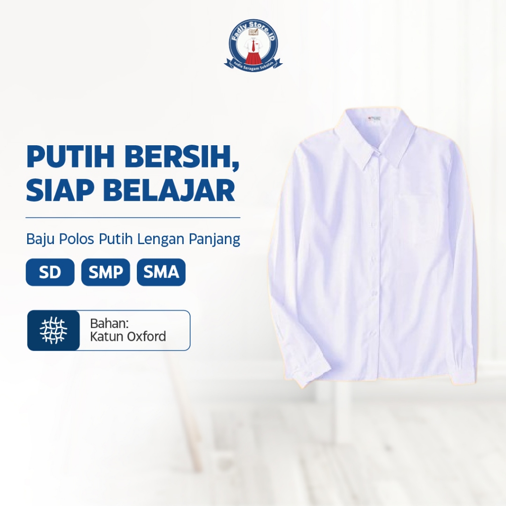 Kemeja Putih Lengan Panjang SD SMP SMA Katun Oxford Tidak Terawang