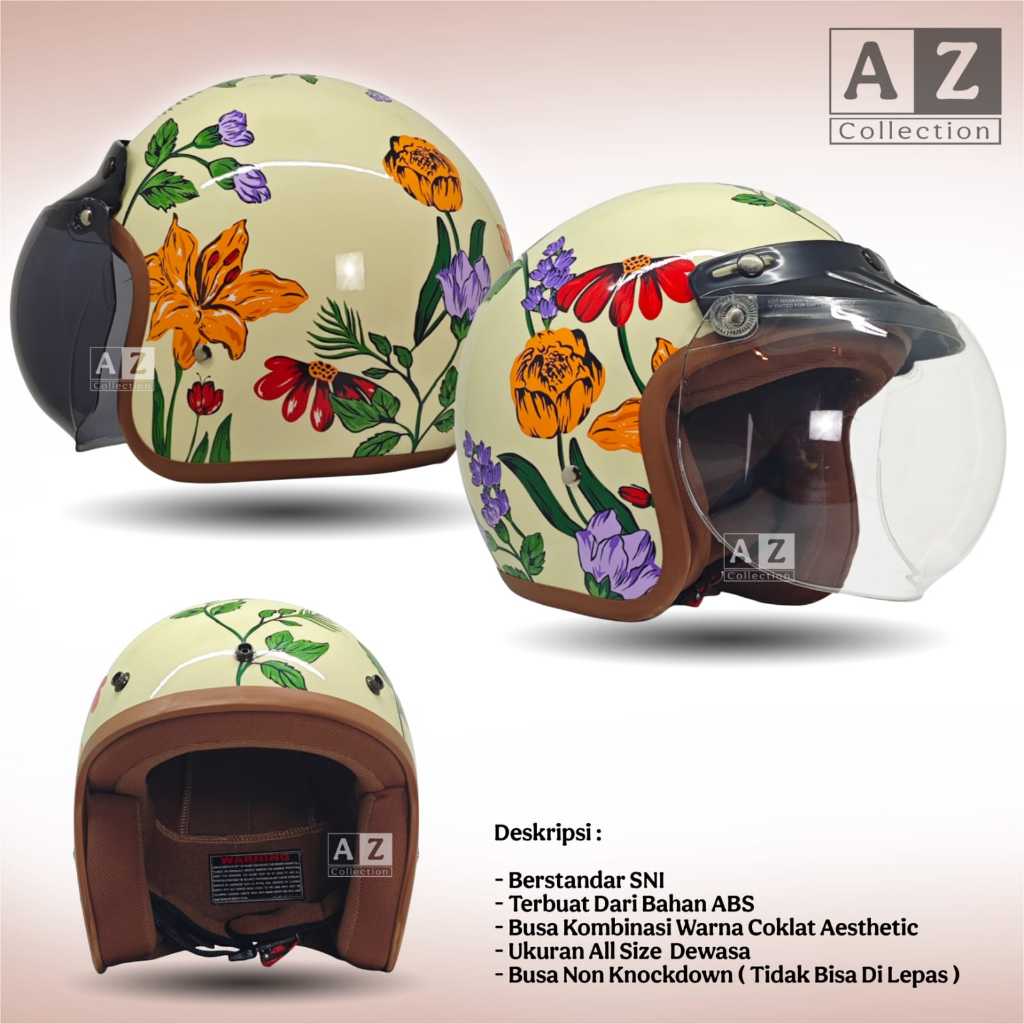 Helm Bogo Retro Klasik Motif Bunga Floral Aesthetic SNI - Helm Cewek Wanita Dewasa Cream List Coklat