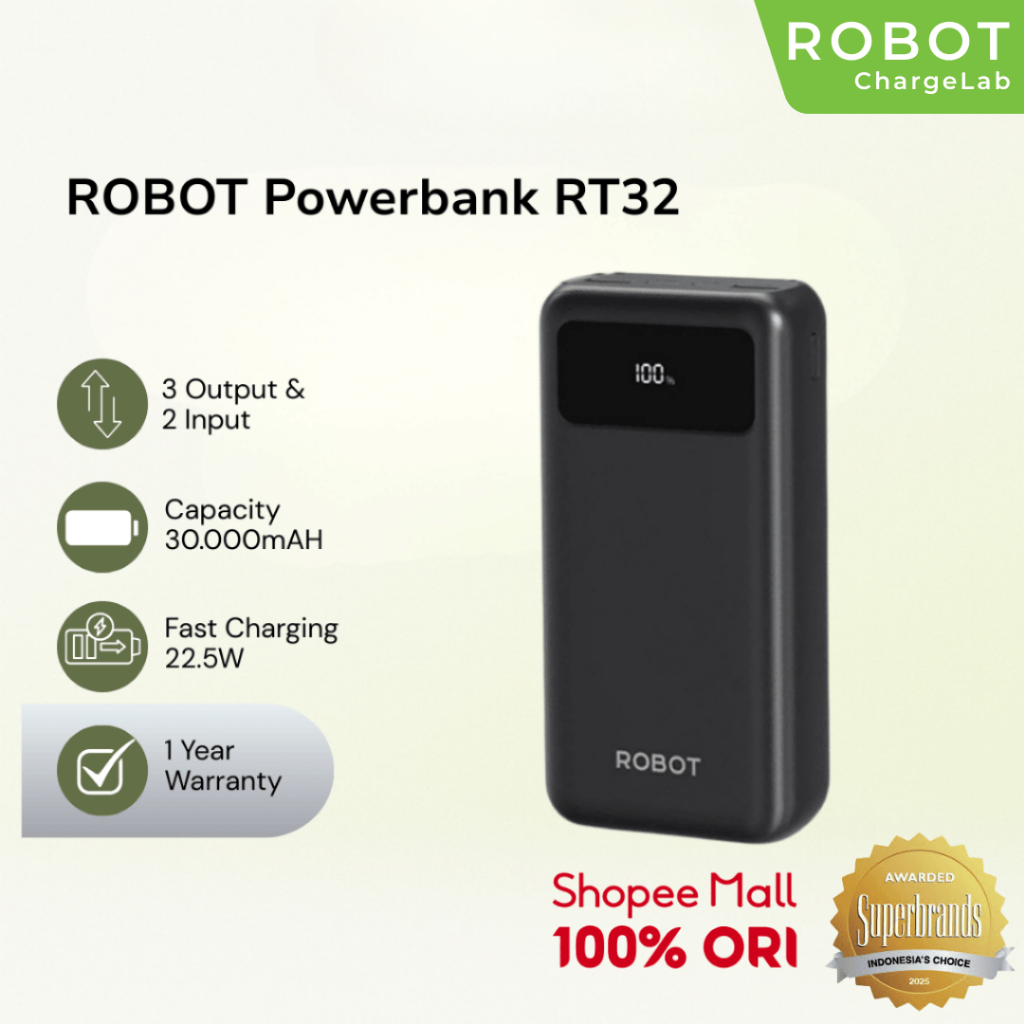 ROBOT Powerbank Fast Charging 30000 mAh Powerbank Iphone 22.5W 3 Port USB Type C LED Indicator Origi