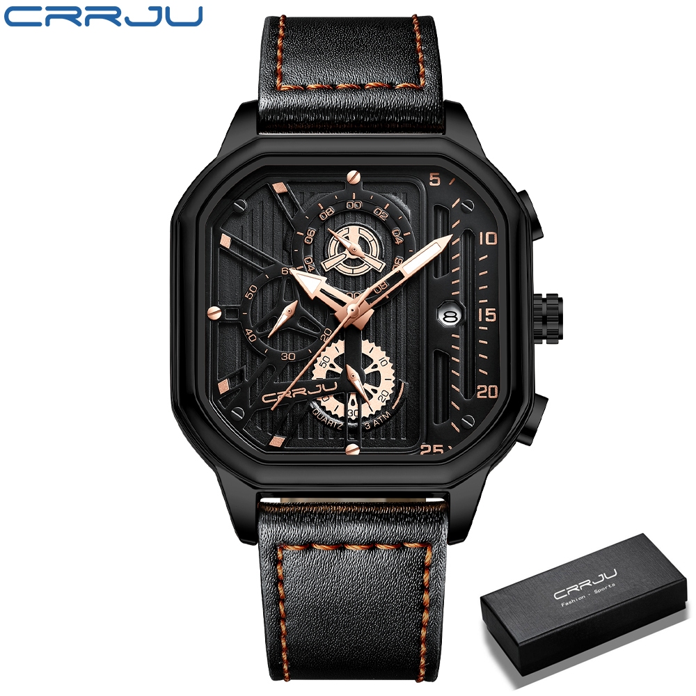 CRRJU Jam Tangan Pria Analog Tali Kulit Chronograph Aktif Jam Tangan Cowok 2302