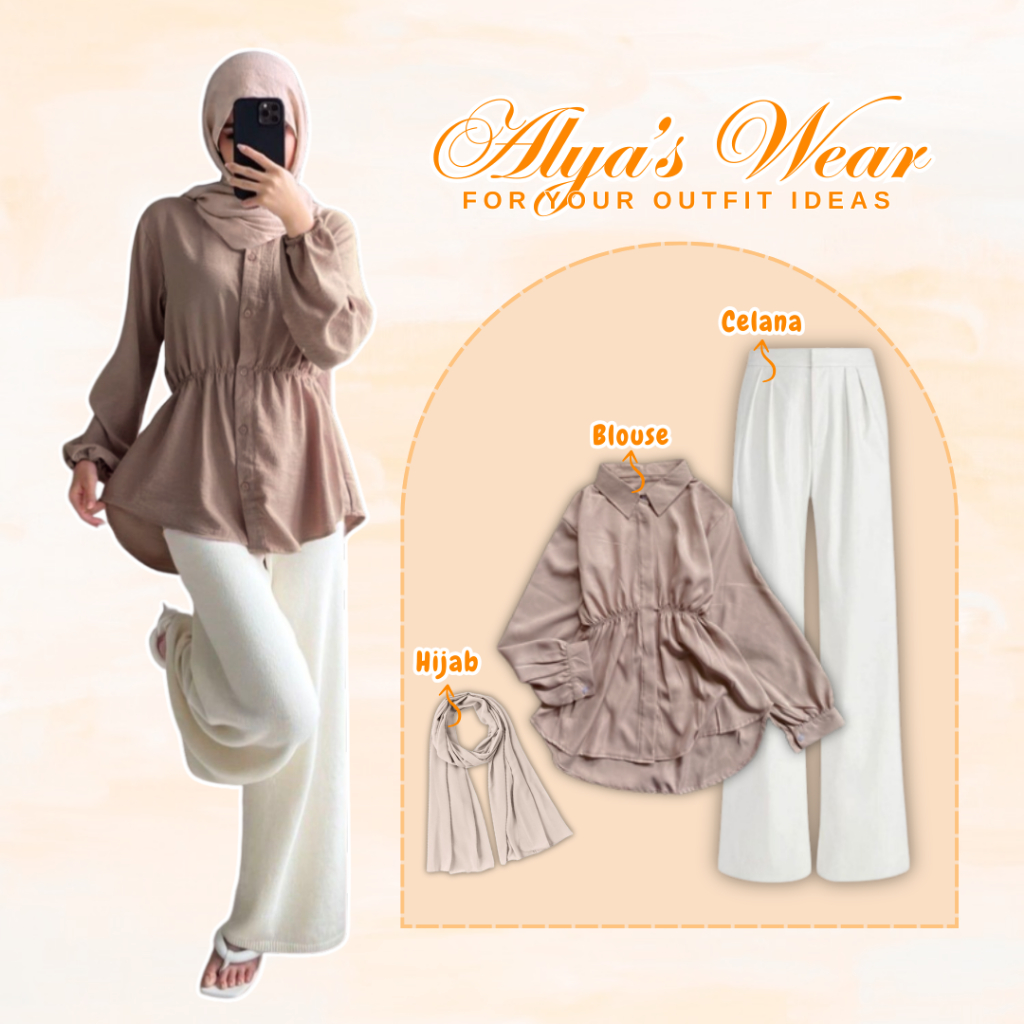 One Set Alya 3in1 / Setelan Wanita Kekinian / Blouse Crinkle Airflow Celana Highwaist + Hijab / Outf