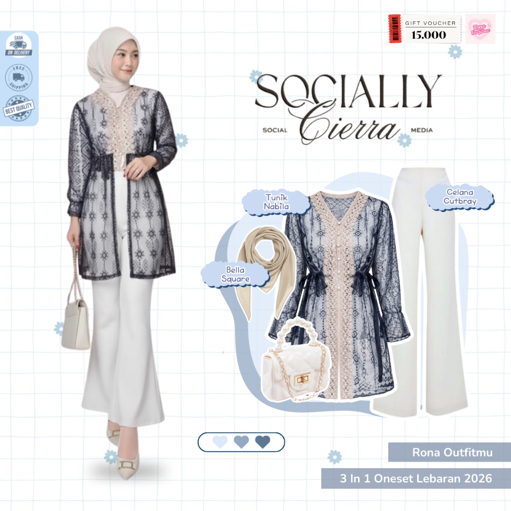 Diva One Set Wanita Terbaru 4in1 ( Hijab Bella Square + Tunik Nabila + Celana Cutbray ) Outfit Konda