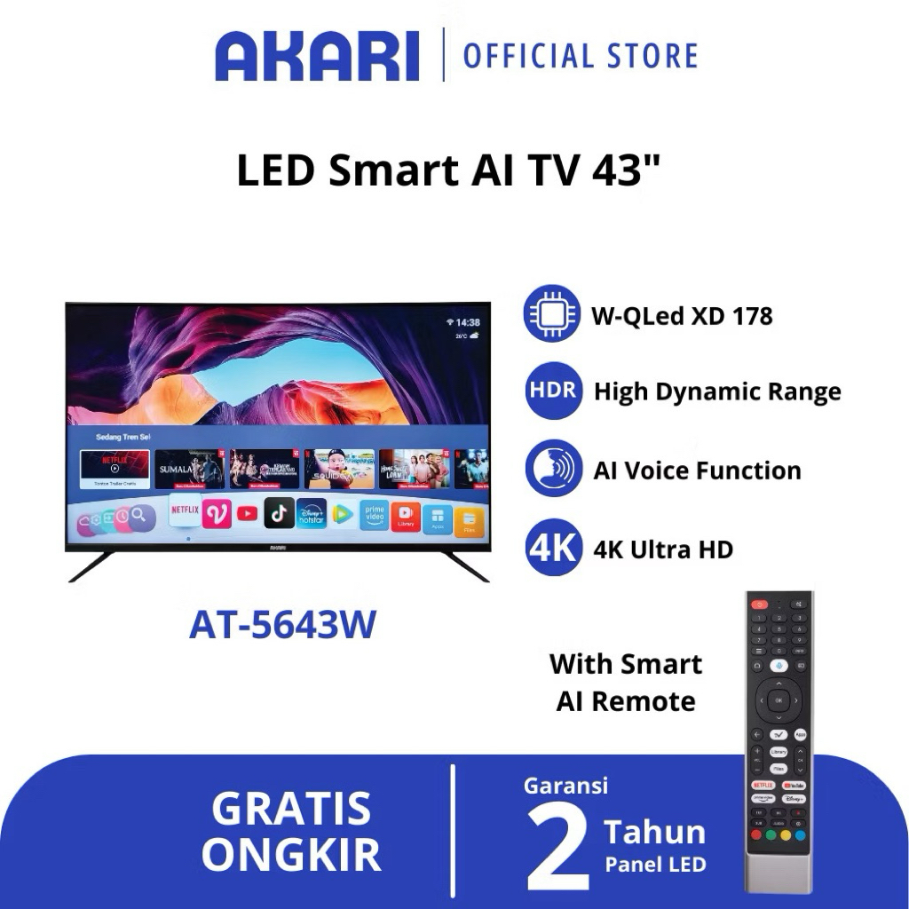 [ NEW ] AKARI Smart AI TV 43 inch UHD 4K Voice Command AT-5643W ( LED TV 43 Inch )