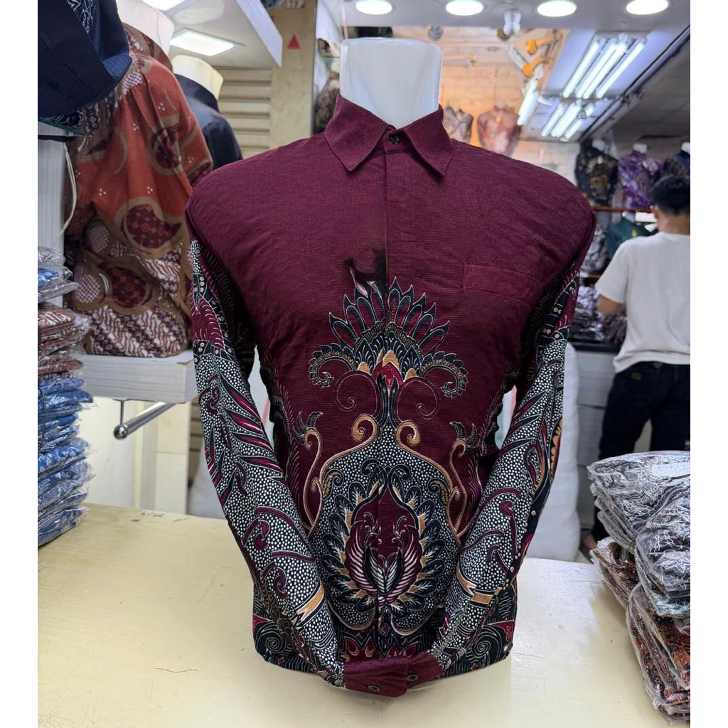 kemeja Batik Pria Lengan Panjang Bahan Doby Premium Motif Terbaru Doby Super Marun