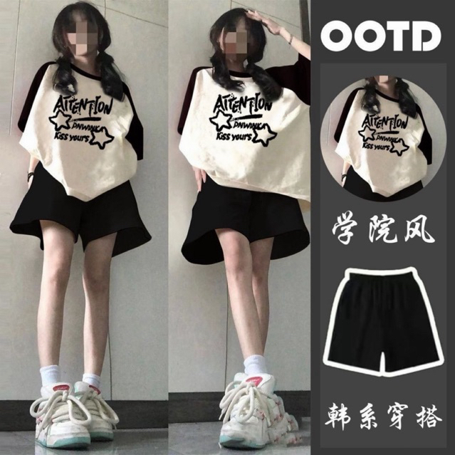1 Set ootd casual wear tshirt and pants lengan pendek baju kaos dan celana pendek hitam wanita