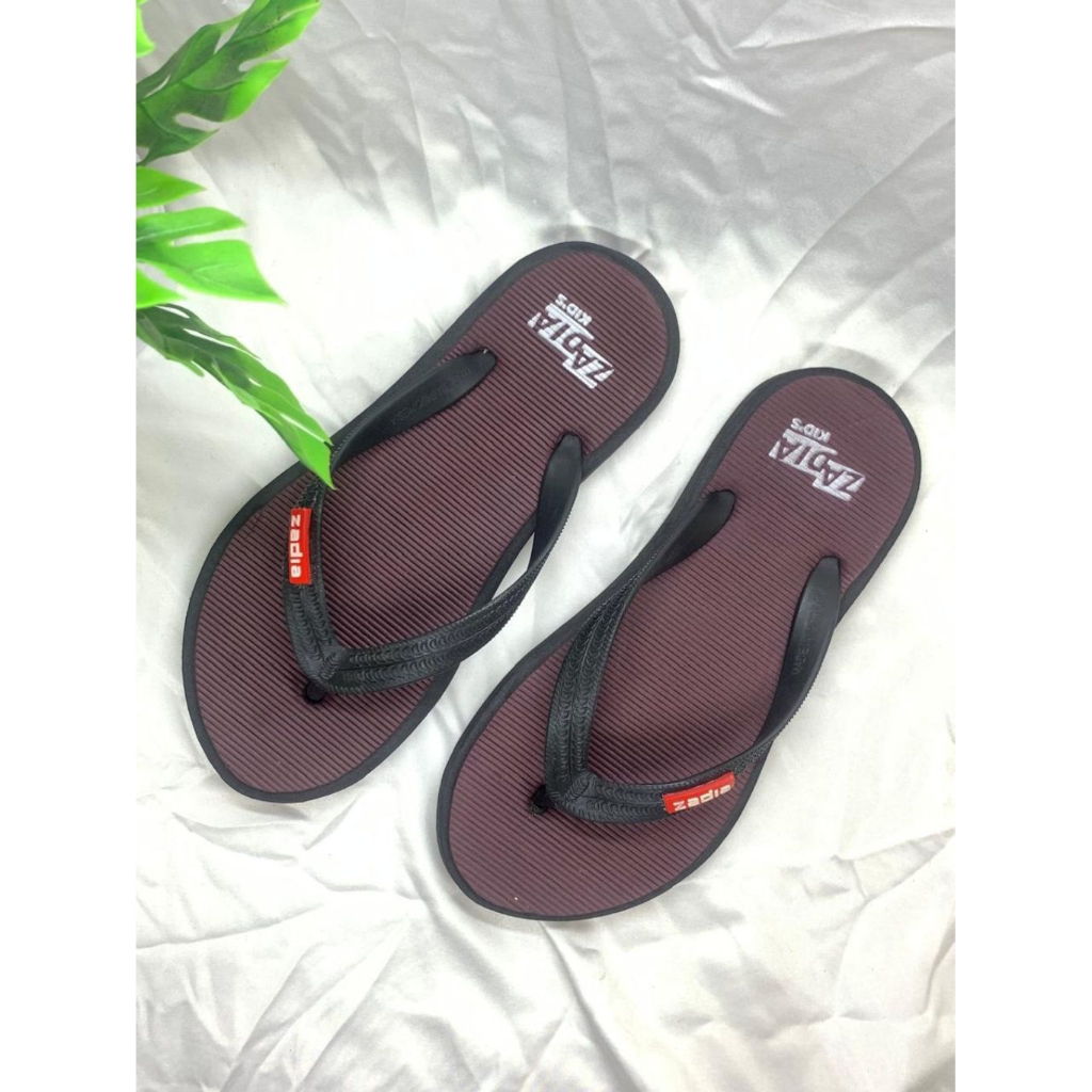 sandal japit anak zadia kids bahan spon eva premium motif garis oval coklat tua - hitam