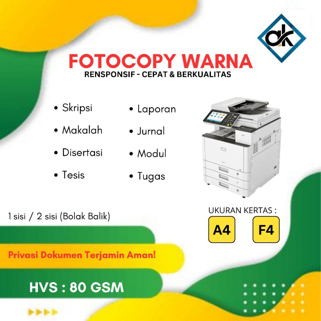 Jasa Fotocopy Warna A4 F4 | Print Color Murah | 1 Sisi / Bolak-Balik | HVS 80 GSM