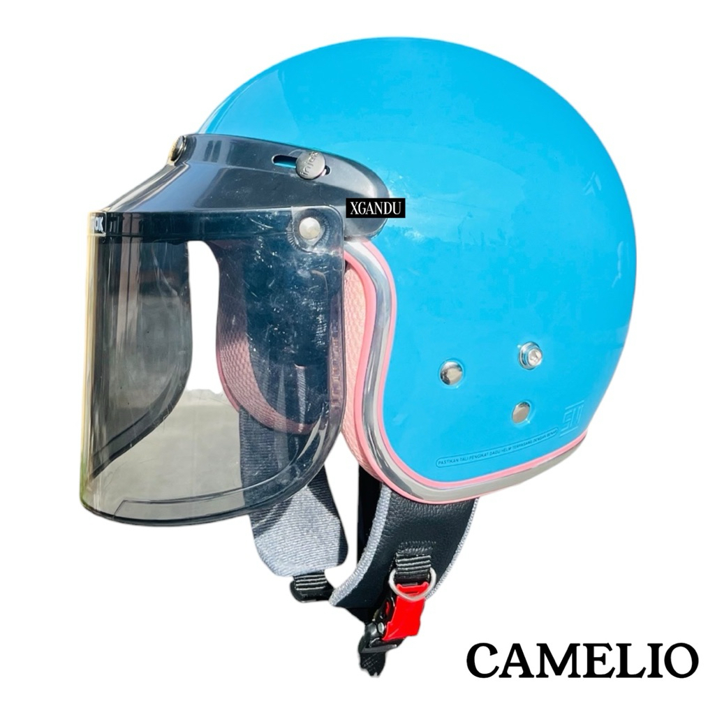 Helm Bogo Camelio Biru Tosca Hijab Friendly Standar SNI Bisa Kaca & Pet Pria Wanita Remaja Dewasa