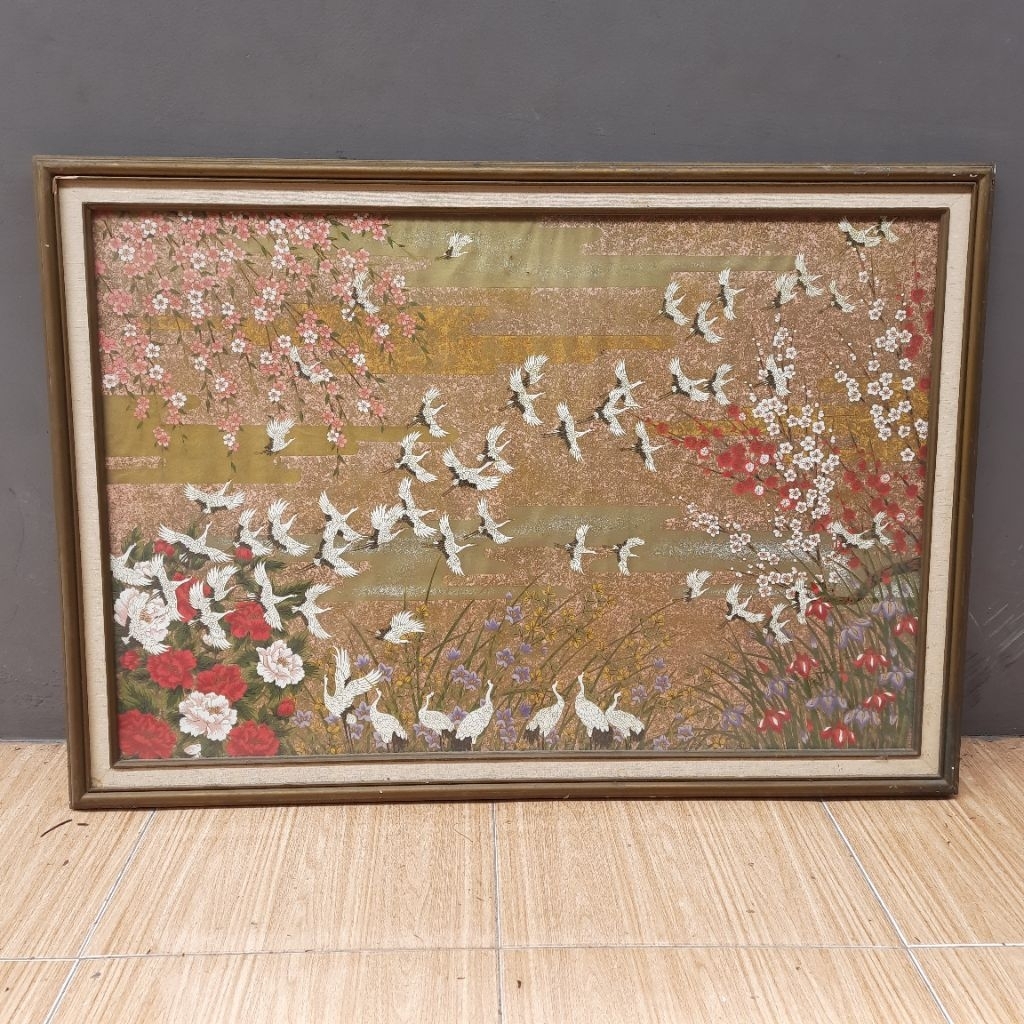 Poster Painting Jepang Burung Bangau dan Bunga Sakura 90x60