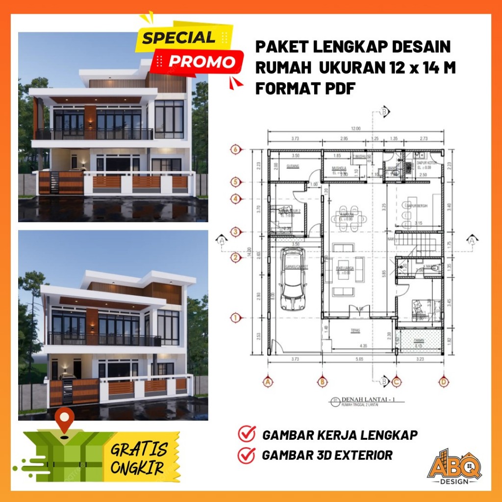 Gambar Kerja Desain Rumah  2 Lantai Ukuran 12 x 14 meter 5 Kamar Tidur