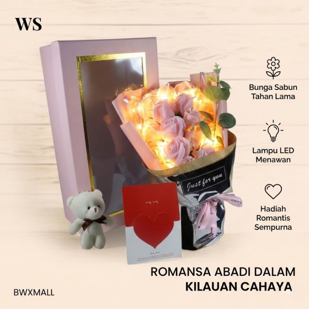 WS Buket Bunga Sabun Mawar Wangi Boneka Beruang Lampu LED String Hadiah Kado Valentine Pacar Istri A
