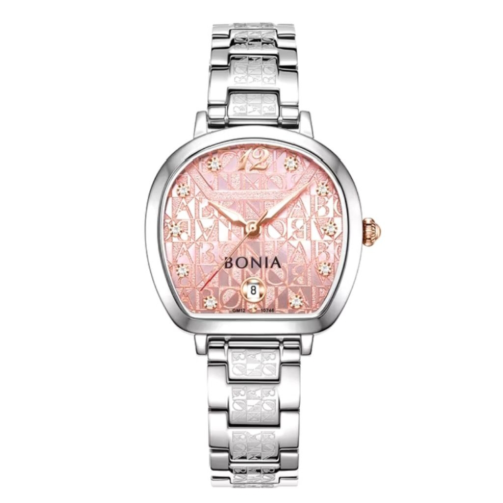 Jam Tangan Wanita Bonia Sonia Pink Monogram Dial Stainless Steel Strap Analog B10746-2375 Original
