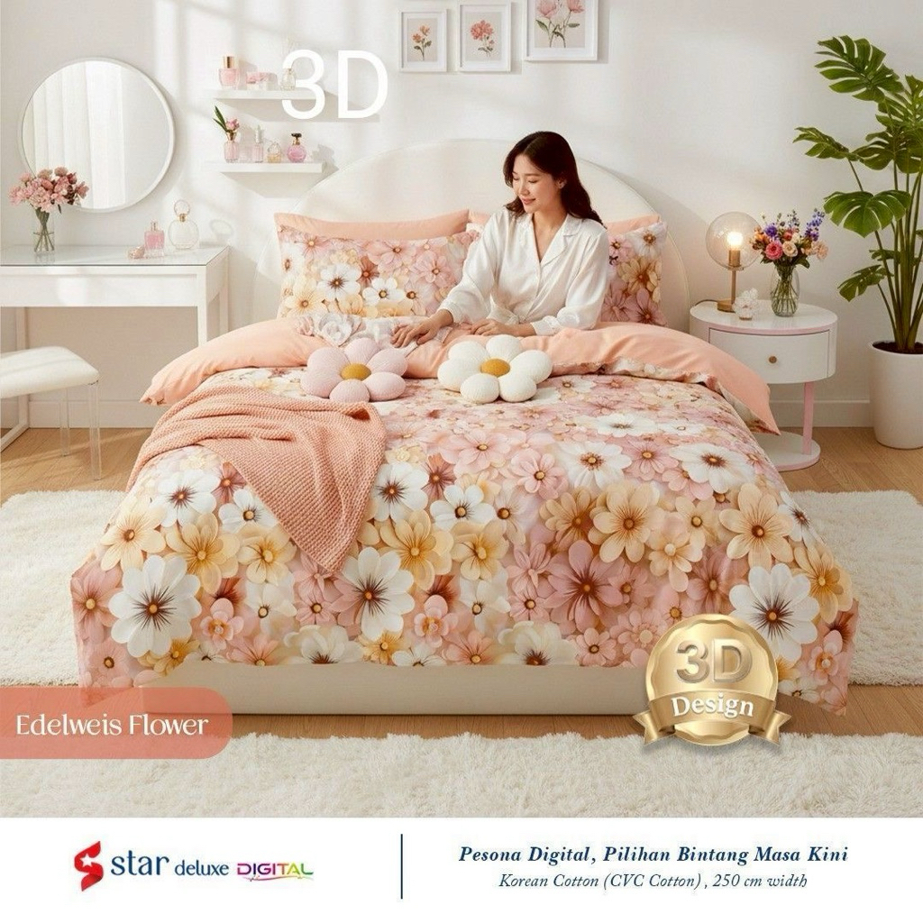 Kain Sprei Meteran Bahan Katun CVC Premium Motif Edelweis Flower  Star
