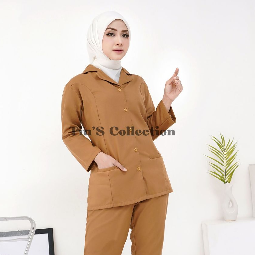 Seragam PNS Pemda Khaki Wanita Lengan Panjang Seragam ASN Baju PDH Khaki Baju Guru Khaki Wanita