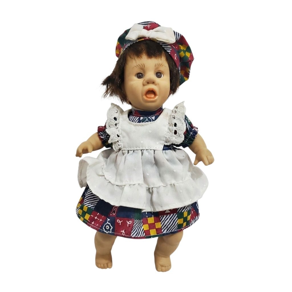 Vintage Gigo Expression Baby Doll 20cm Patchwork Print Dress with Eyelet Pinafore Boneka Gigo