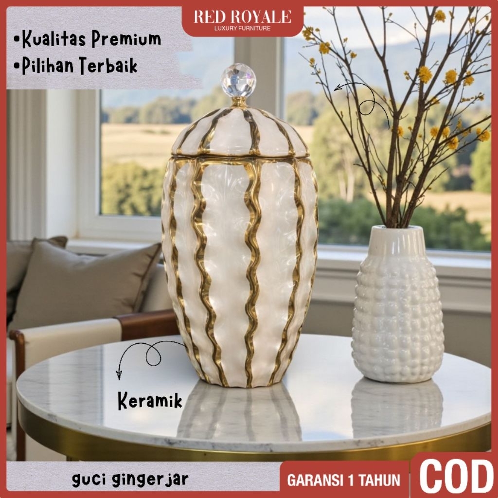 guci gingerjar putih gold keramik dekorasi pajangan hiasan ruang tamu
