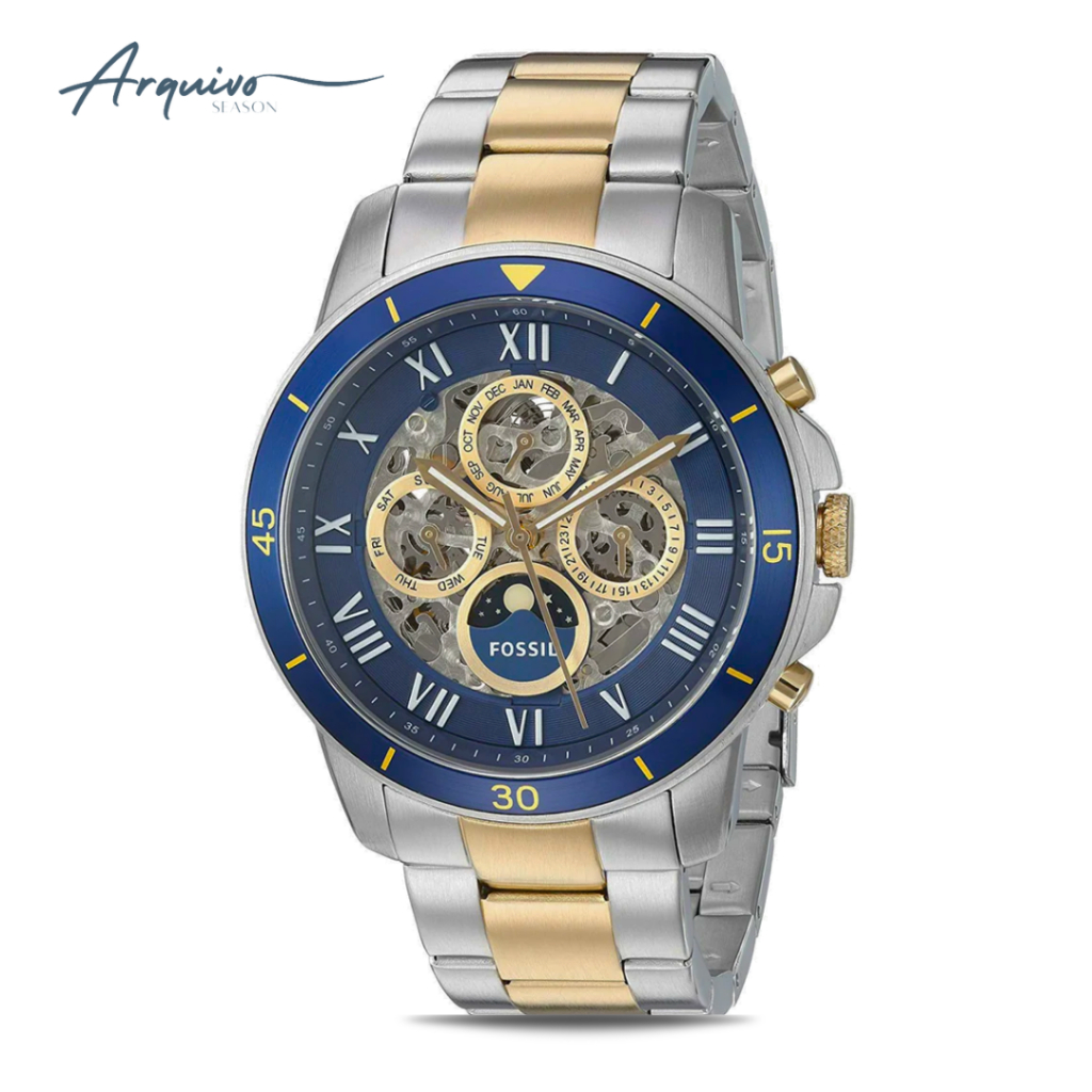 Jam Tangan Pria Fossil Grant Automatic Chronograph Silver Gold Stainless Steel Mewah Sporty Original