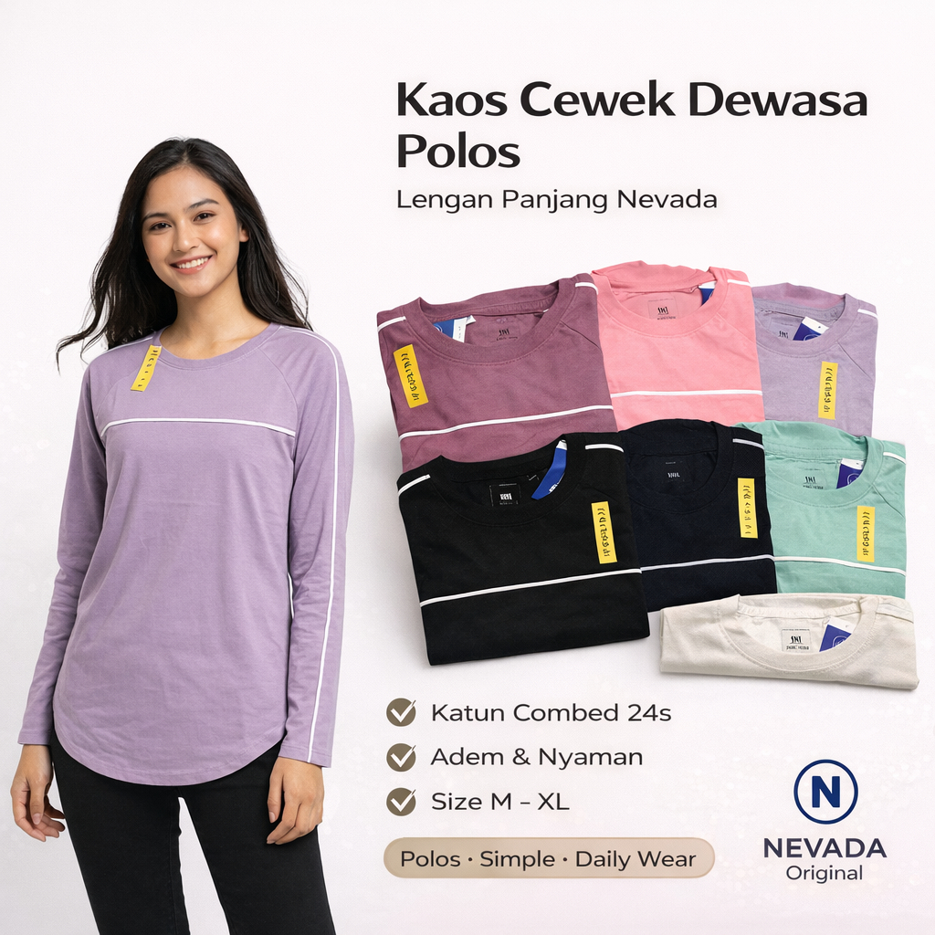 Kaos Cewek Dewasa Polos Lengan Panjang Nevada | Kaos Wanita Polos Simple Nyaman