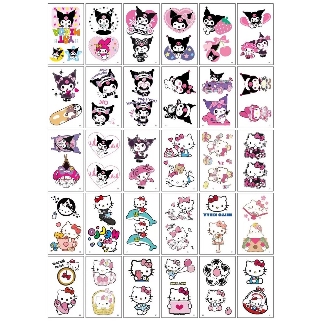 30 PCS Stiker Tato Temporer Grosir 6x10cm Halal Tanpa Bekas Sanrio Kuromi Kartun Anak SO