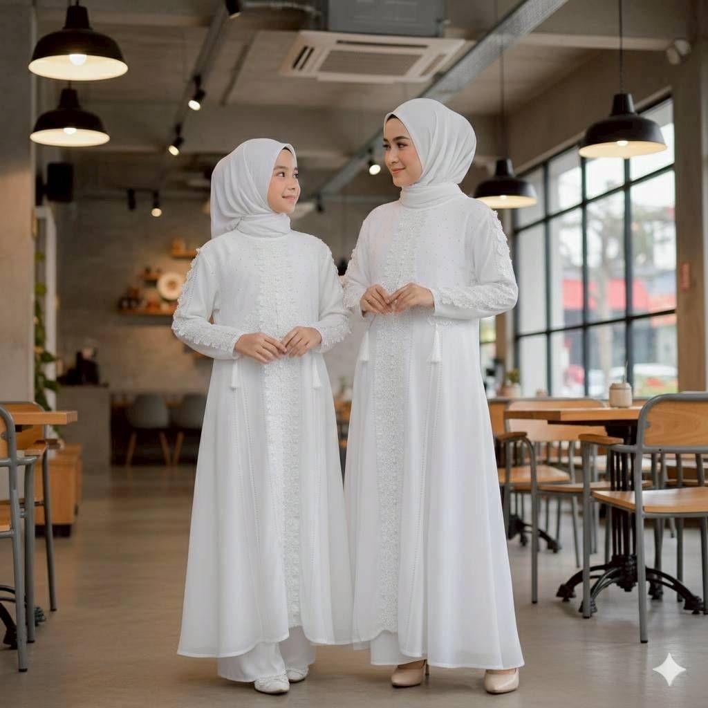 Abaya Putih couple ibu dan anak perempuan/Baju gamis arabian remaja dewasa mewah elegan/Baju lebaran