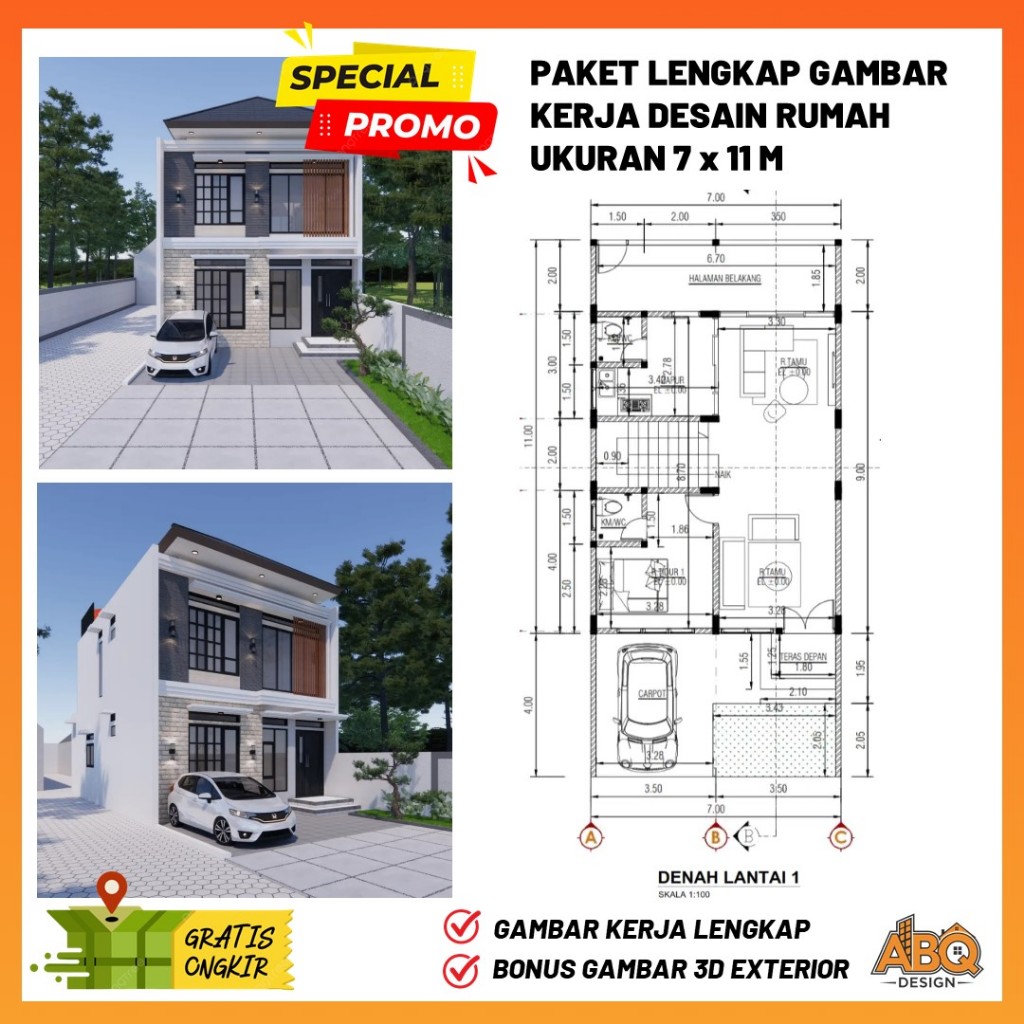 Gambar Kerja Desain Rumah 2 Lantai Ukuran 7 x 11 meter 3 Kamar Tidur