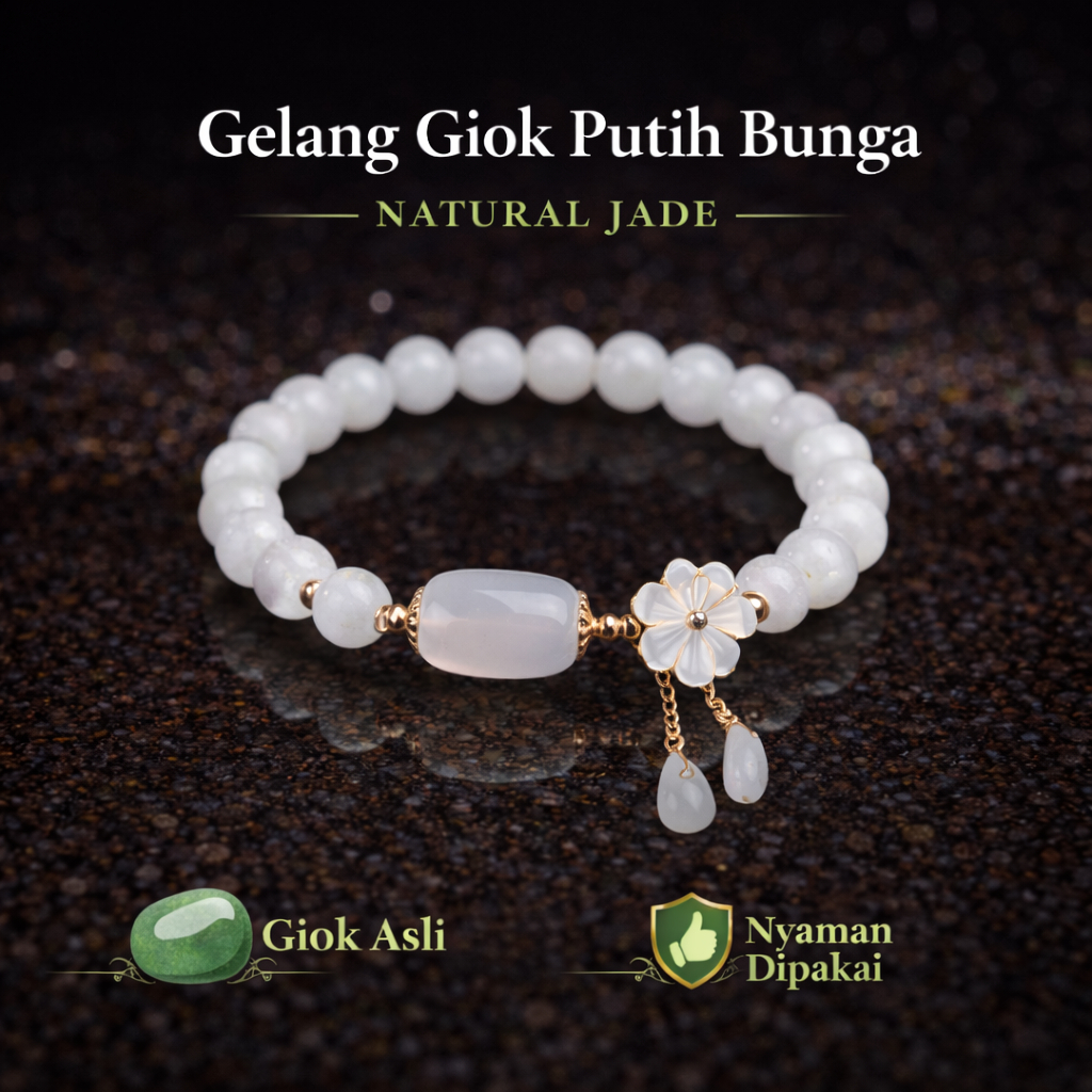 Gelang Giok Putih Natural Manik Bunga | Batu Alam GIok Asli Wanita Cantik