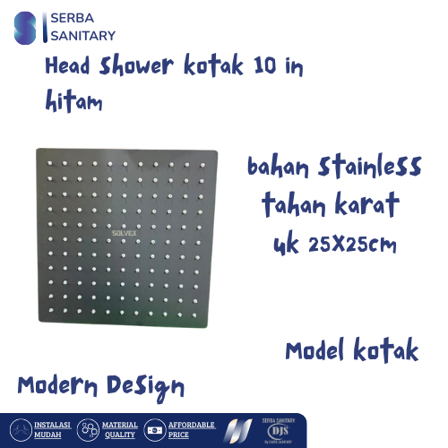 Kepala Shower Stainless Hitam / Head Wall Shower Kotak 10 INC 25X25 CM Hitam Solvex