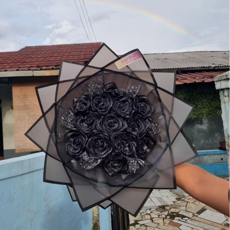 Buket Bunga Mawar Pita Satin Ukuran Besar Hitam Glitter || Buket Satin Acara Ulang Tahun , Buket Wed