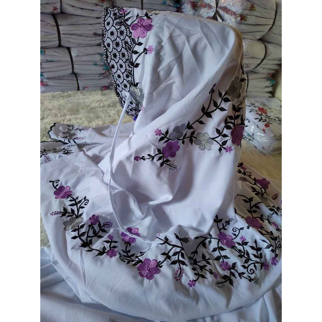 Mukena Terusan Dewasa Putih PREMIUM KUDUSAN | Telekung Langsung Rukoh Lajur Katun Polino Adem | Bord