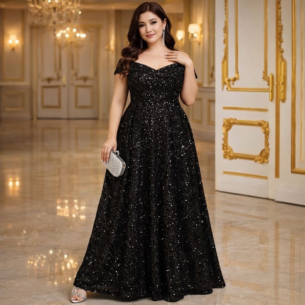 -GLORIA GOWN - Dress Pesta Wanita Squin A line Maxi Sabrina Off Shoulder Flare Dress Rok Mekar Big S