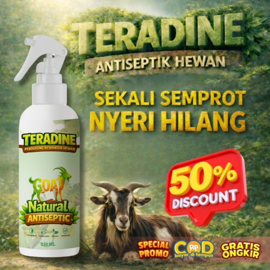 TERADINE KAMBING 250ML - OBAT LUKA KAMBING,OBAT PMK KAMBING,OBAT ANTI INFEKSI LUKA KAMBING,ANTI VIRU