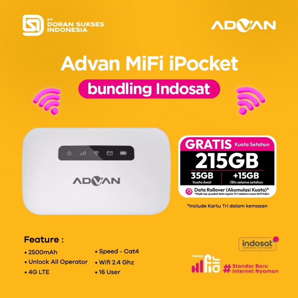Advan Modem with Indosat SIM Card Advan MiFi Pocket Portable WiFi - Garansi Resmi 1 Tahun