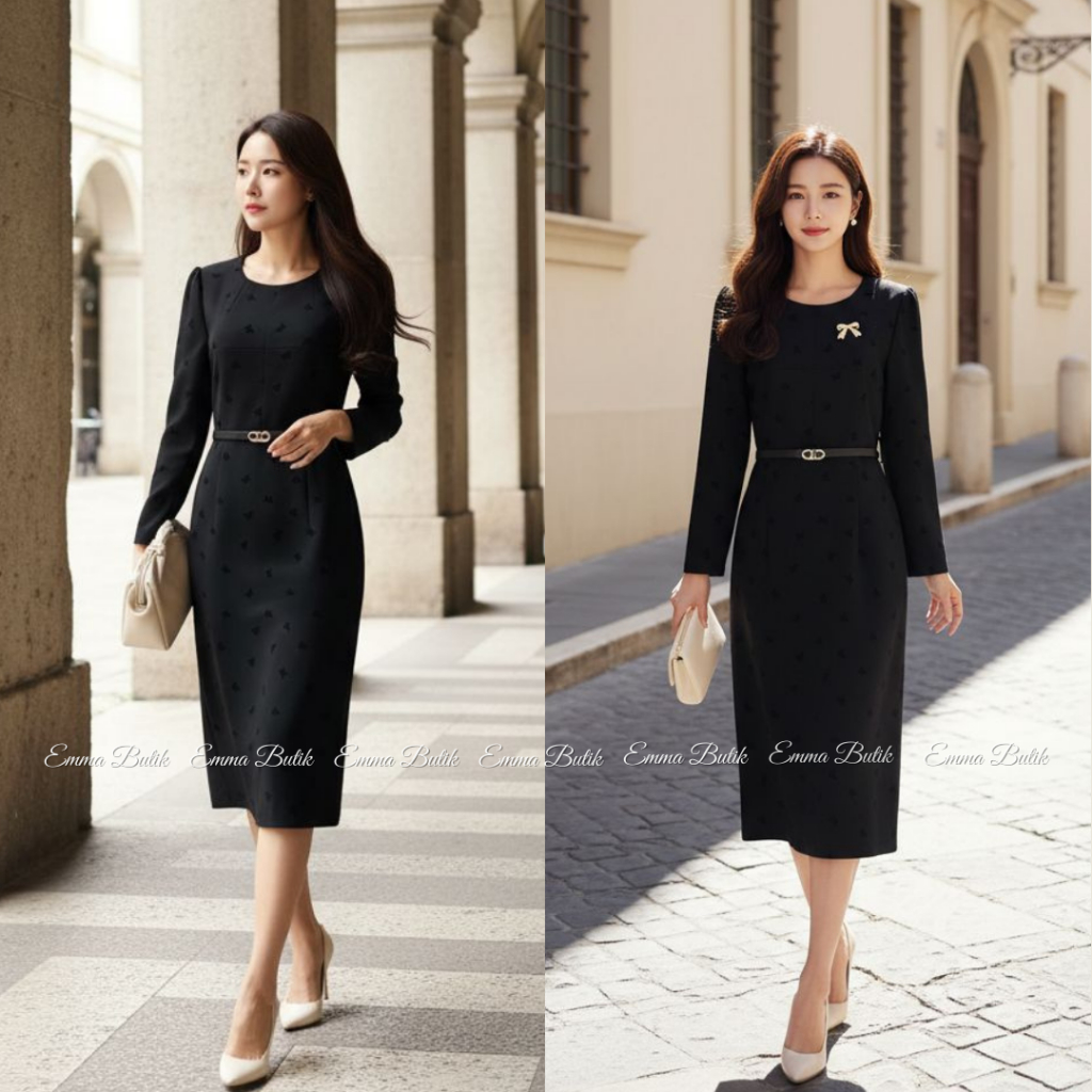 Emma.Butik E00458 Midi Dress Pesta Hitam Motif Kupu Gaun Gereja Formal Cantik Wanita Lengan Panjang 