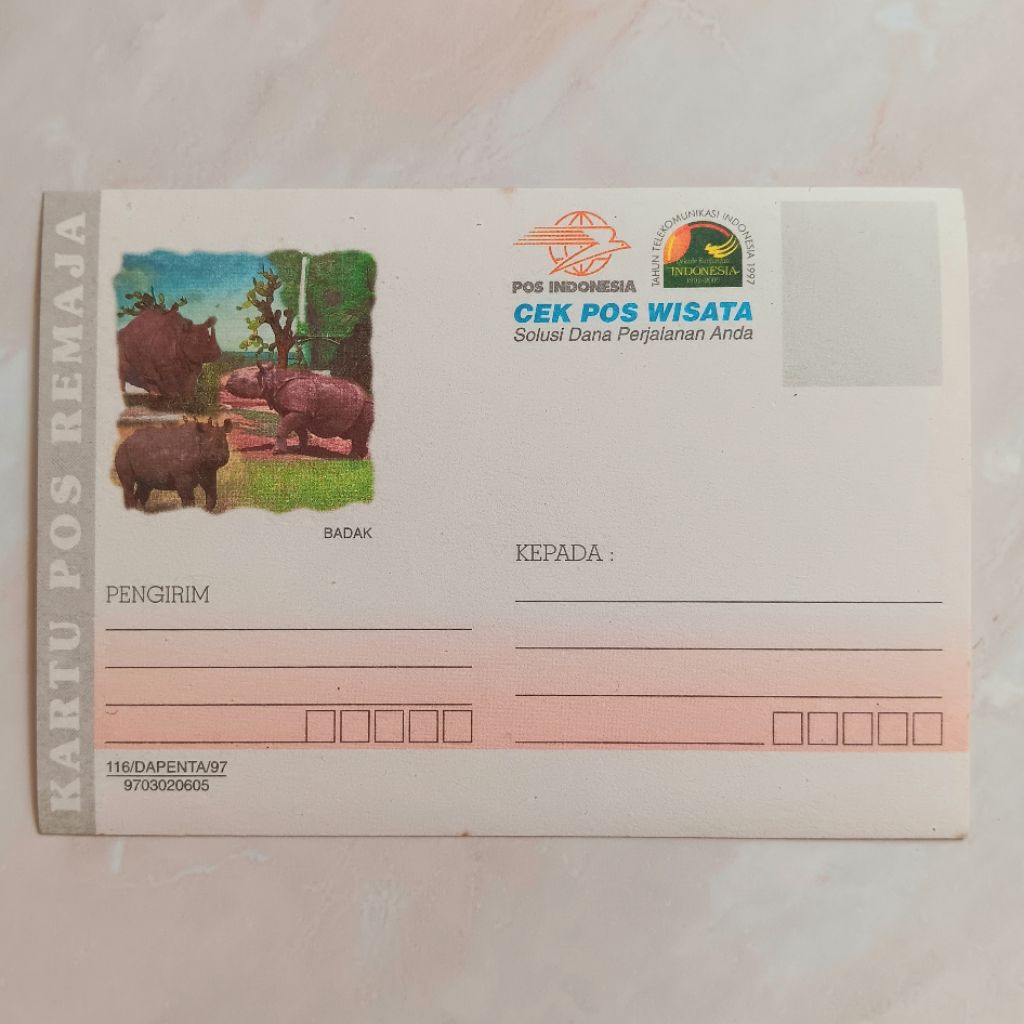 Kartu Pos Indonesia 1997 Kartu Pos Remaja - Cek Pos Wisata - Badak Mint