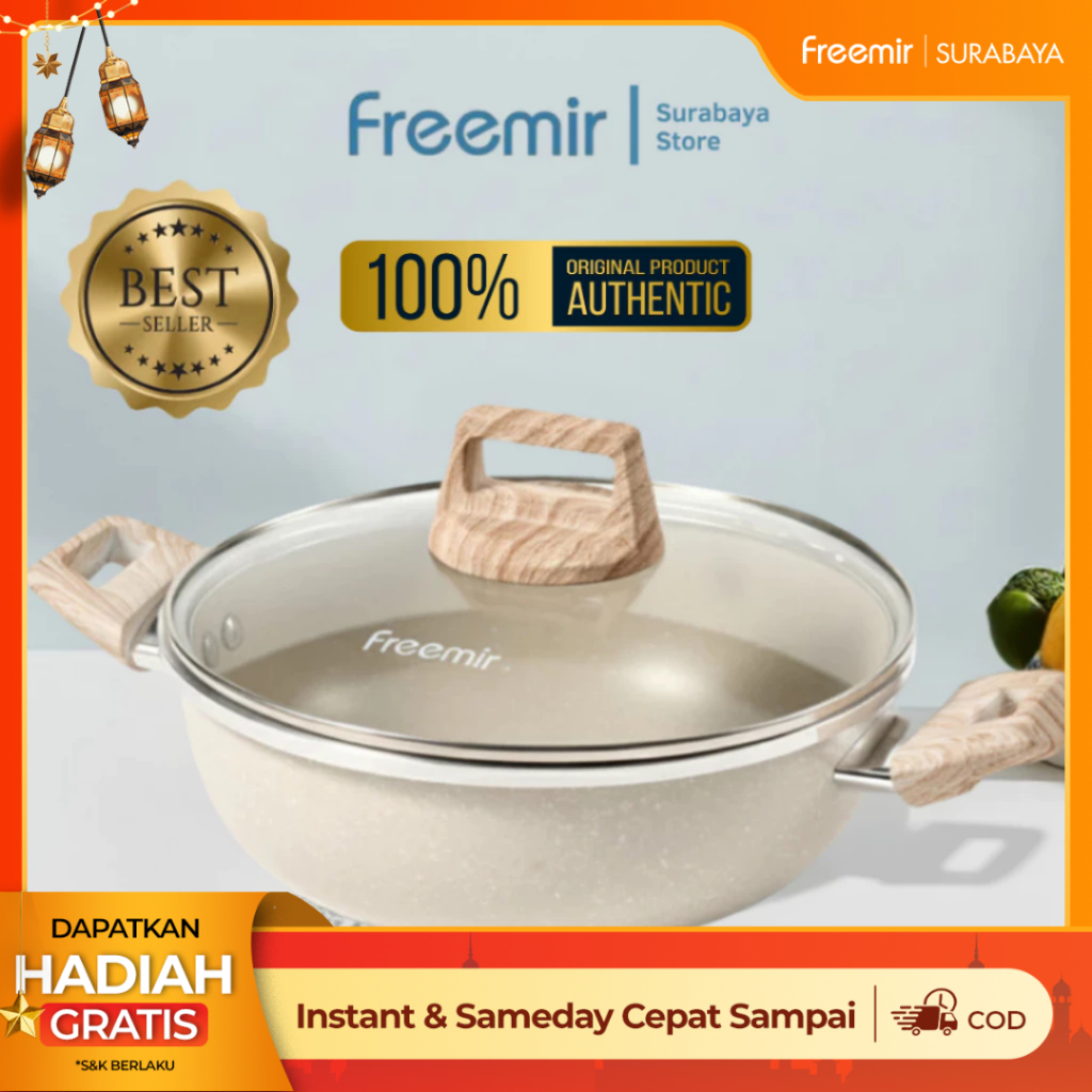 [Instant Surabaya] freemir Wajan Teflon Presto Gagang Kayu Granit Premium Anti Lengket Tutup Kaca