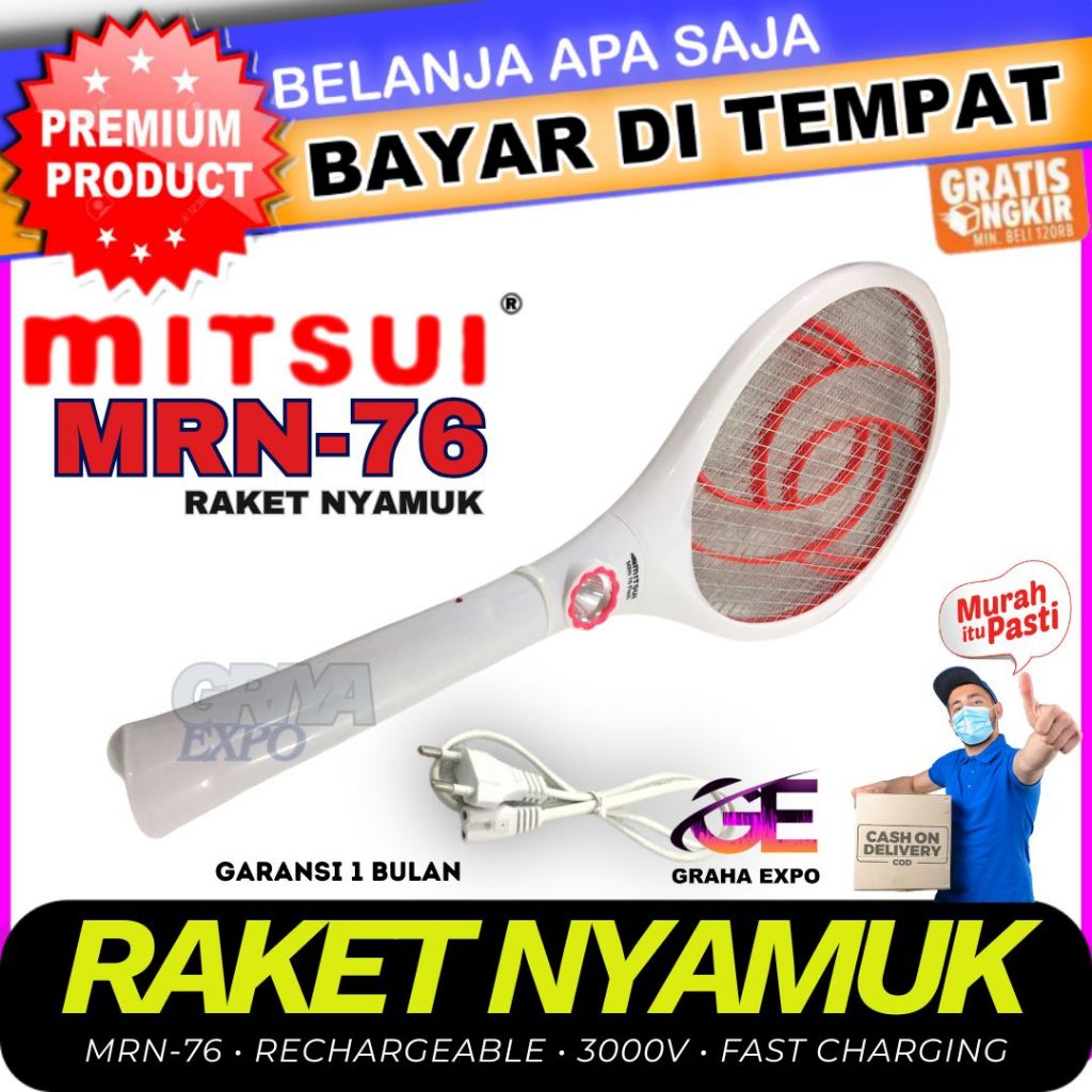 Mitsui Raket Nyamuk Listrik Elektrik 2 in 1 Cas Recas Isi Ulang MRN 76 Senter LED Rechargeable ORI