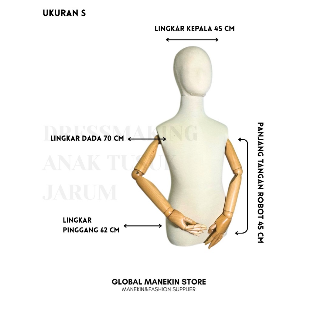 Manekin Setengah Badan Anak Dressmaker Tangan Kayu Robot Foam Full Tusuk Jarum