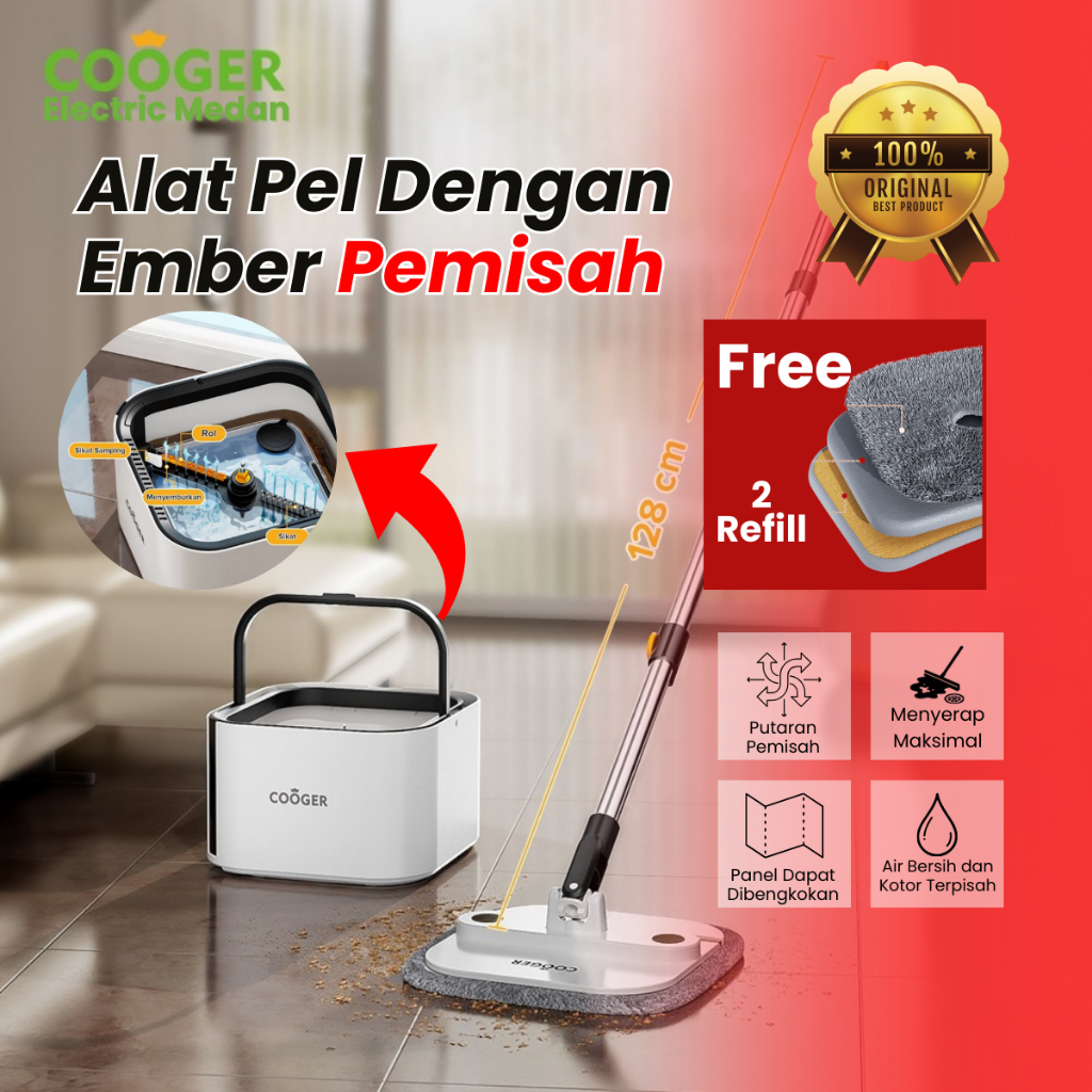 COOGER Pel Lantai 3Liter Pel Dapat Dilipat Spin Mop Panda Deluxe Ember Pemisah Air Kotor dan Bersih 