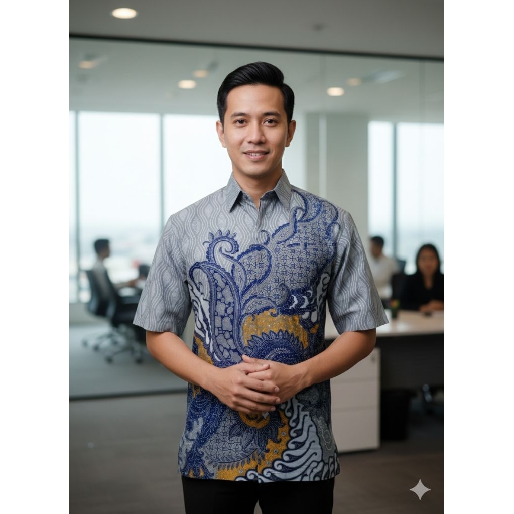 Hem ABU BIRU batik pria lengan pendek