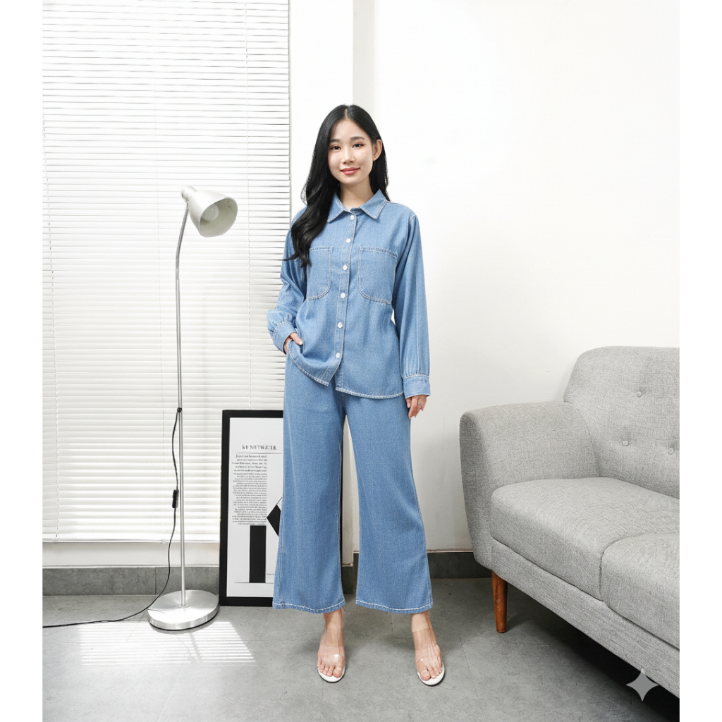 Nayluver Set / Setelan Jeans wanita kemeja saku / Kemeja OOTD Kekinian