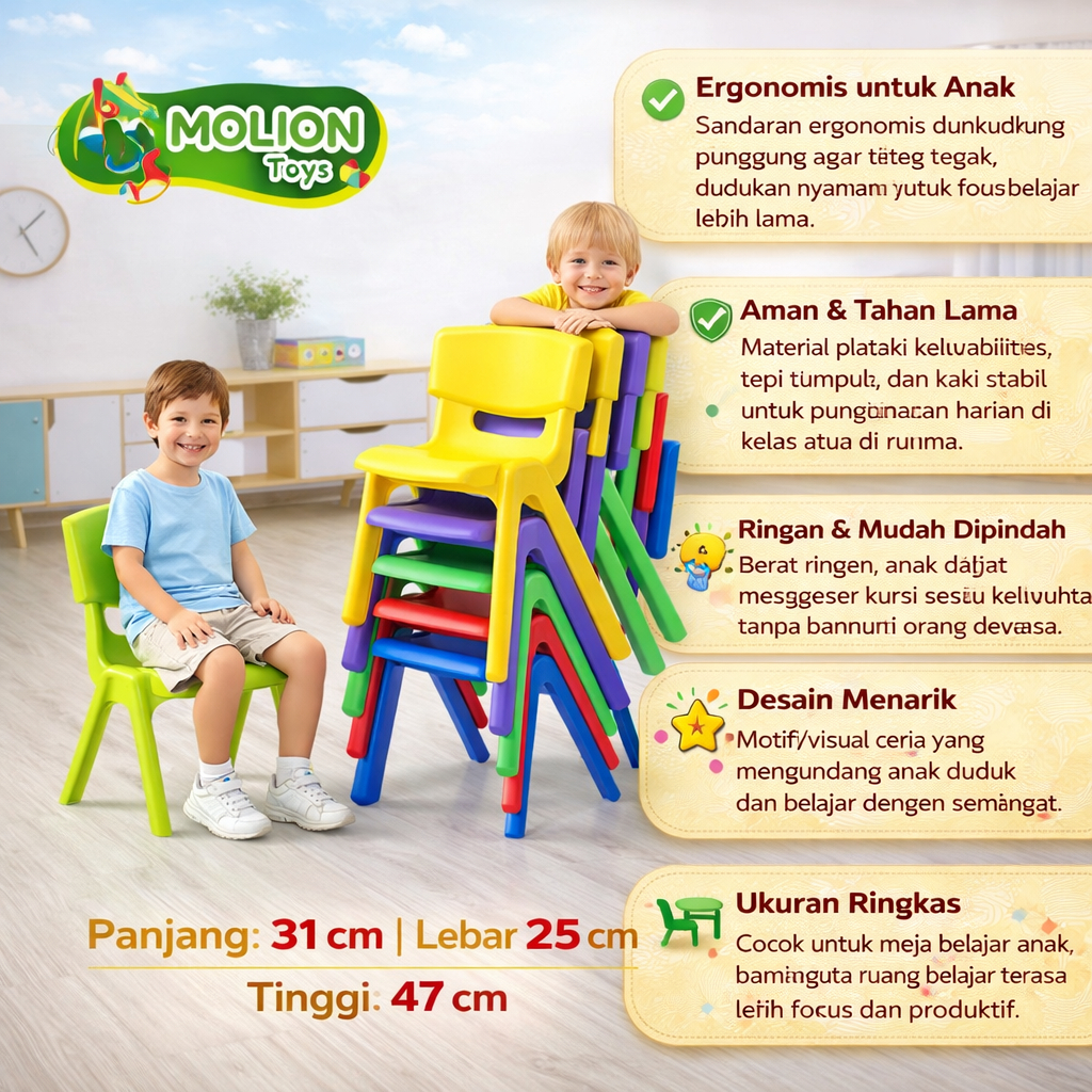 Kursi Belajar Anak Ergonomis dengan Material Aman untuk TK dan PAUD Ukuran 28cm