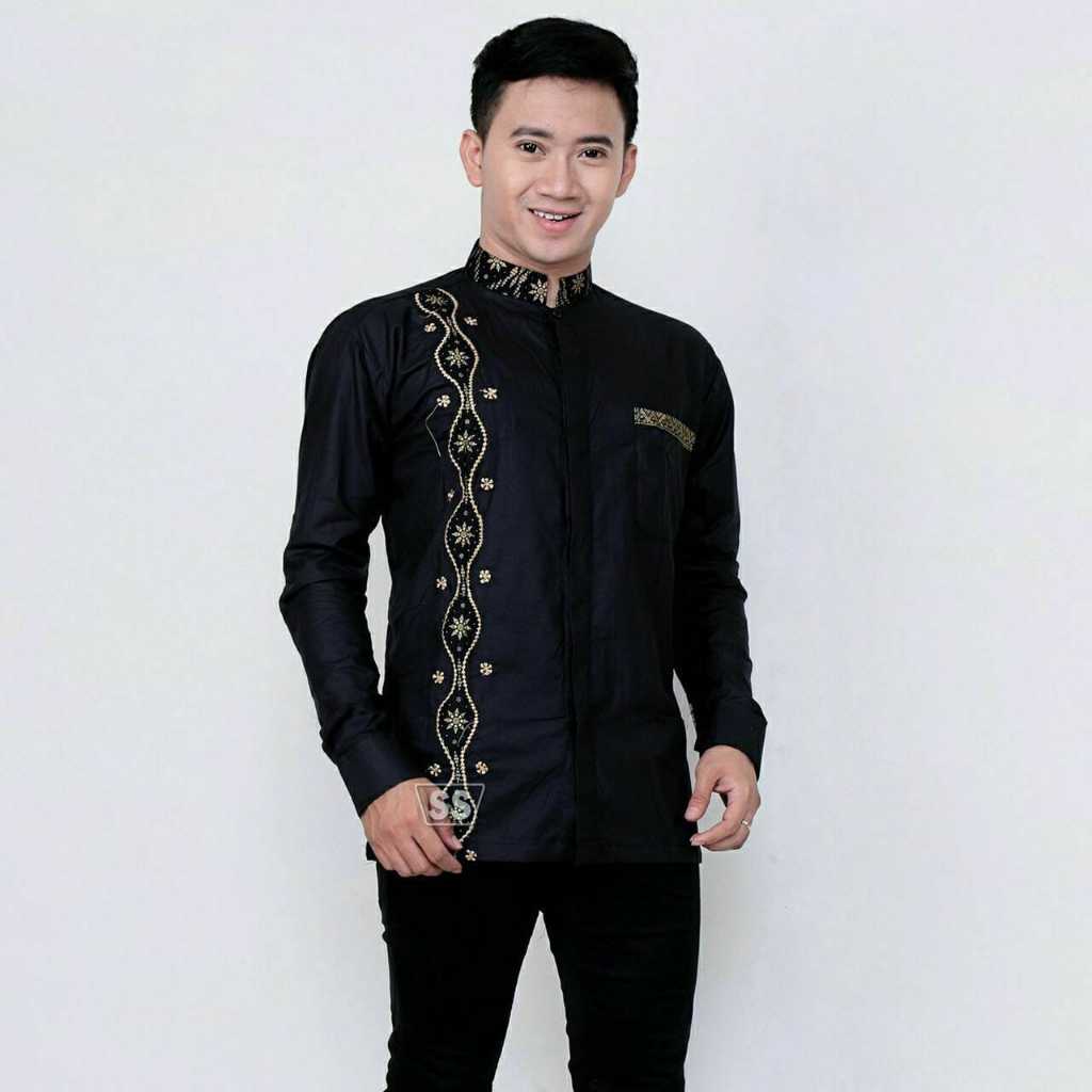 Baju Kemeja Koko Pria Dewasa Lengan Panjang Koko Bordil Kombinasi Batik M L XL XXL