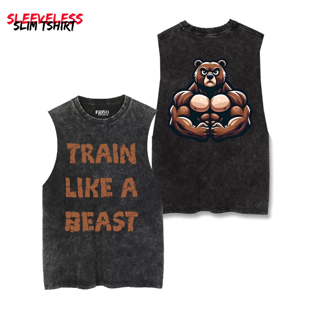 Fiego GYM BEAR | Premium slim Singlet T-Shirt | Stone Wash
