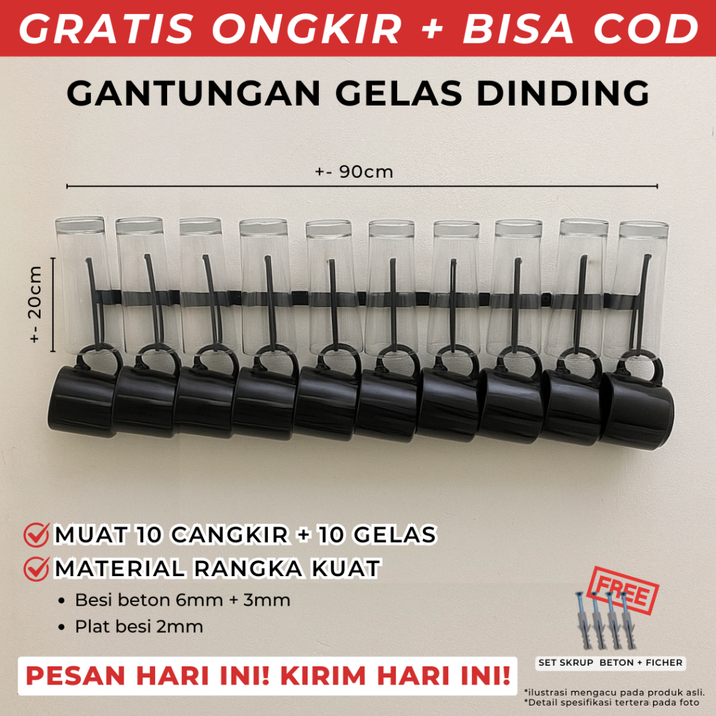 Rak Gantung Gelas Dinding Besi – Muat 20 Gelas Cangkir
