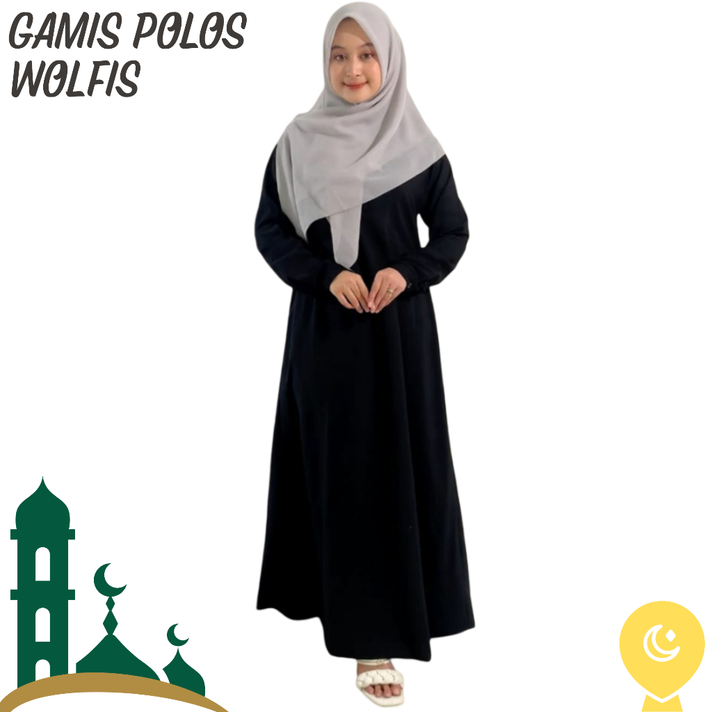 Baju Gamis Polos Wolfis Hitam Resleting Depan