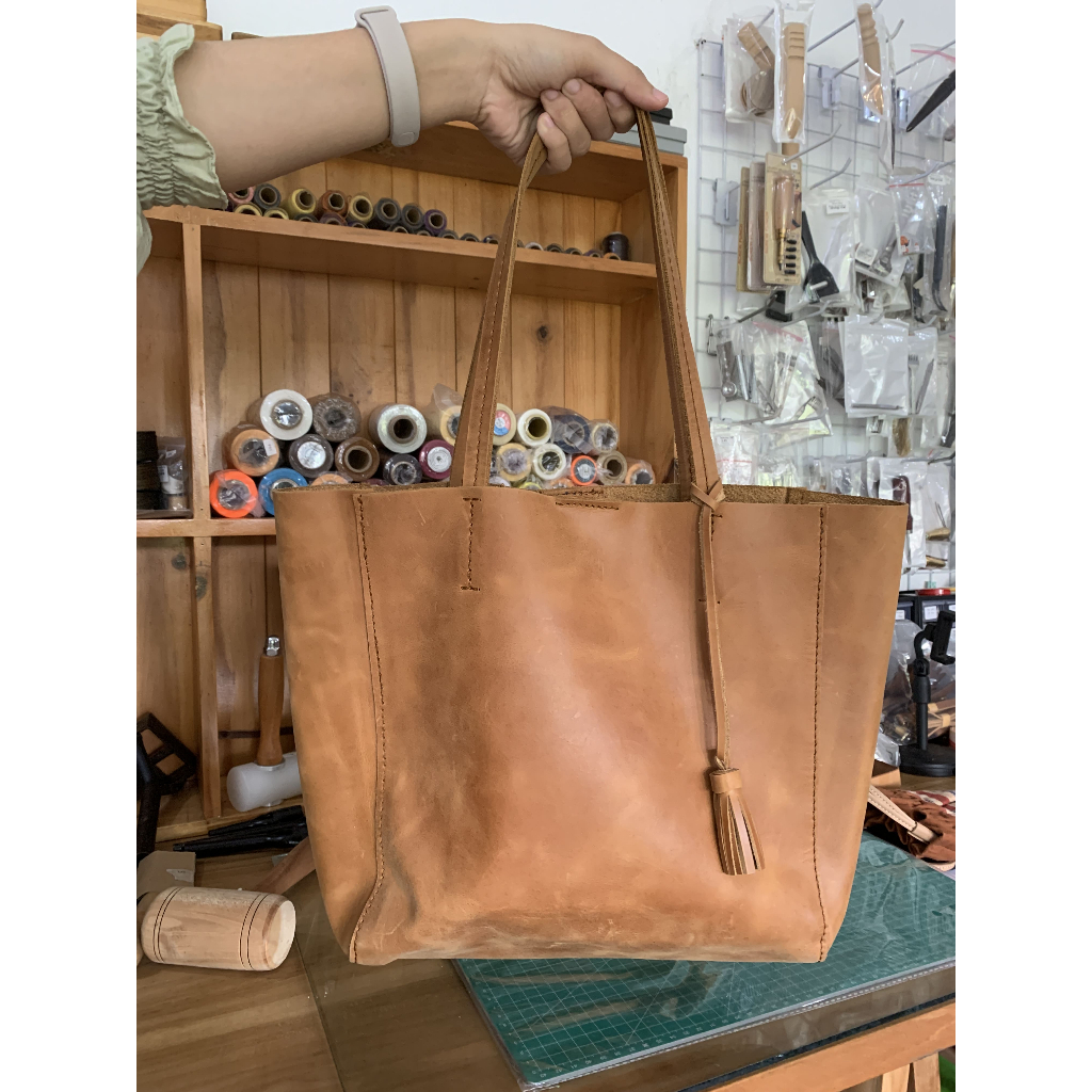Tote Bag Hand Stitch Crazy Horse Tan Leather
