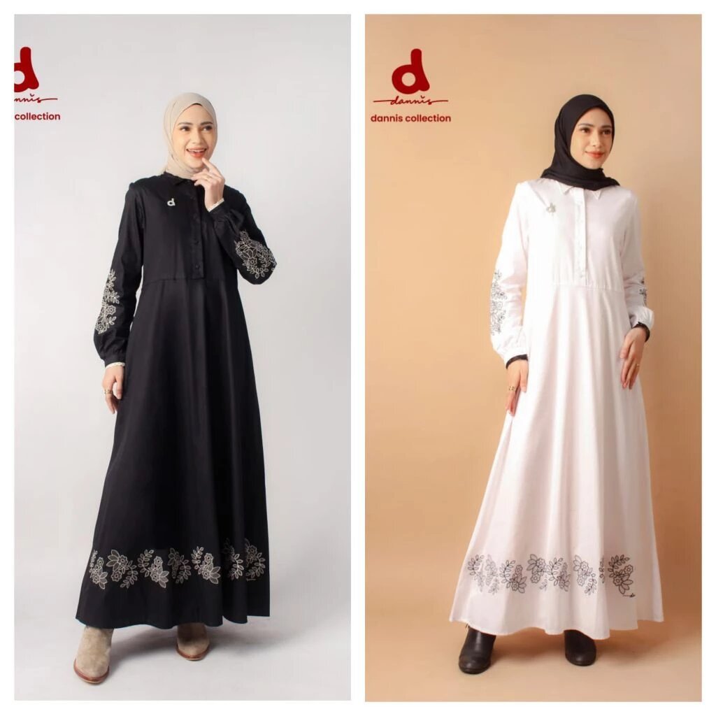 (Dannis.Online.Surabaya) DANNIS Abaya Ilona Cotton Best Poplin Bordir Kancing Saku XS-XXL Hitam Puti