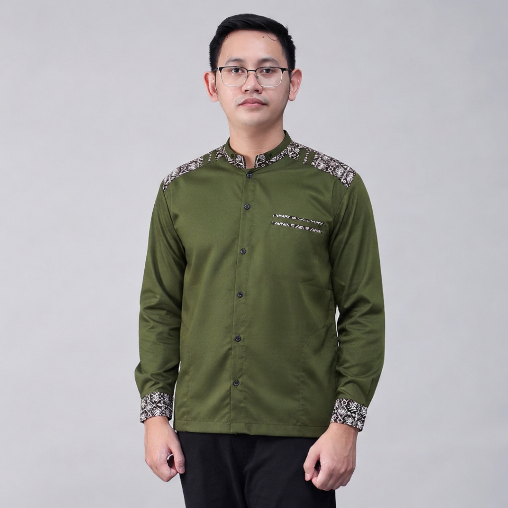 Baju Koko Pria Elrumi Lengan Panjang Motif Adibat Warna Hijau Armi