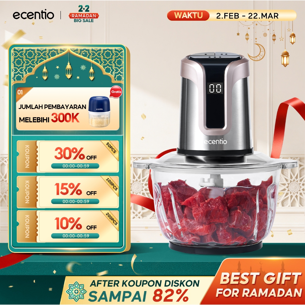 ecentio LED Display Penggiling Daging Multifungsi 3 Kecepatan Food Processor 2L 6 Mata Pisau Mesin G