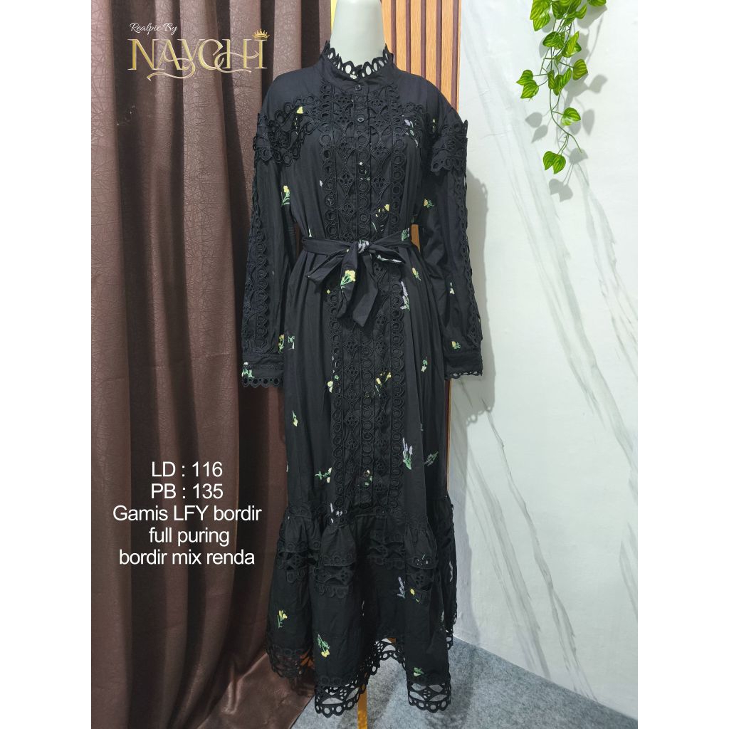 New gamis wanita Katun poplin bordir renda LFY premium /gamis Katun Poplin bordir import full puring